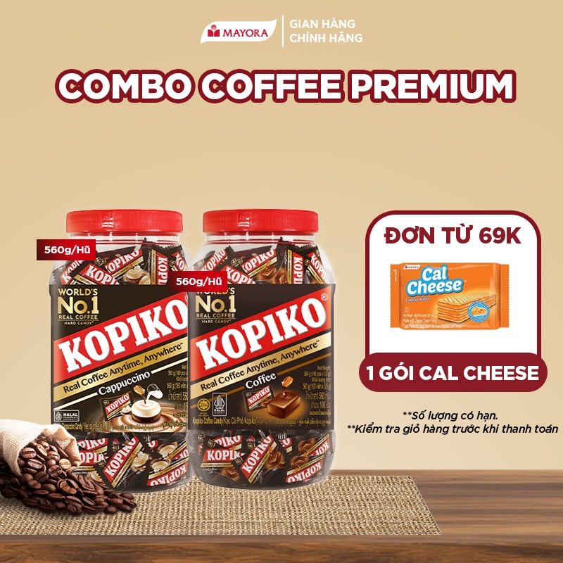 Combo Coffee Premium: 1 Hũ Kẹo Kopiko Cà Phê Sữa 560G + 1 Hũ Kẹo Kopiko Cà Phê Đen 560G