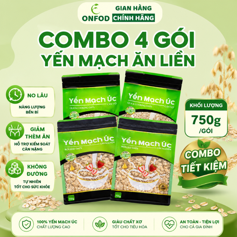 Combo 4 gói yến mạch cán dẹt cán vỡ ăn liền ONFOD ăn kiêng eat clean healthy cho bé ăn dặm
