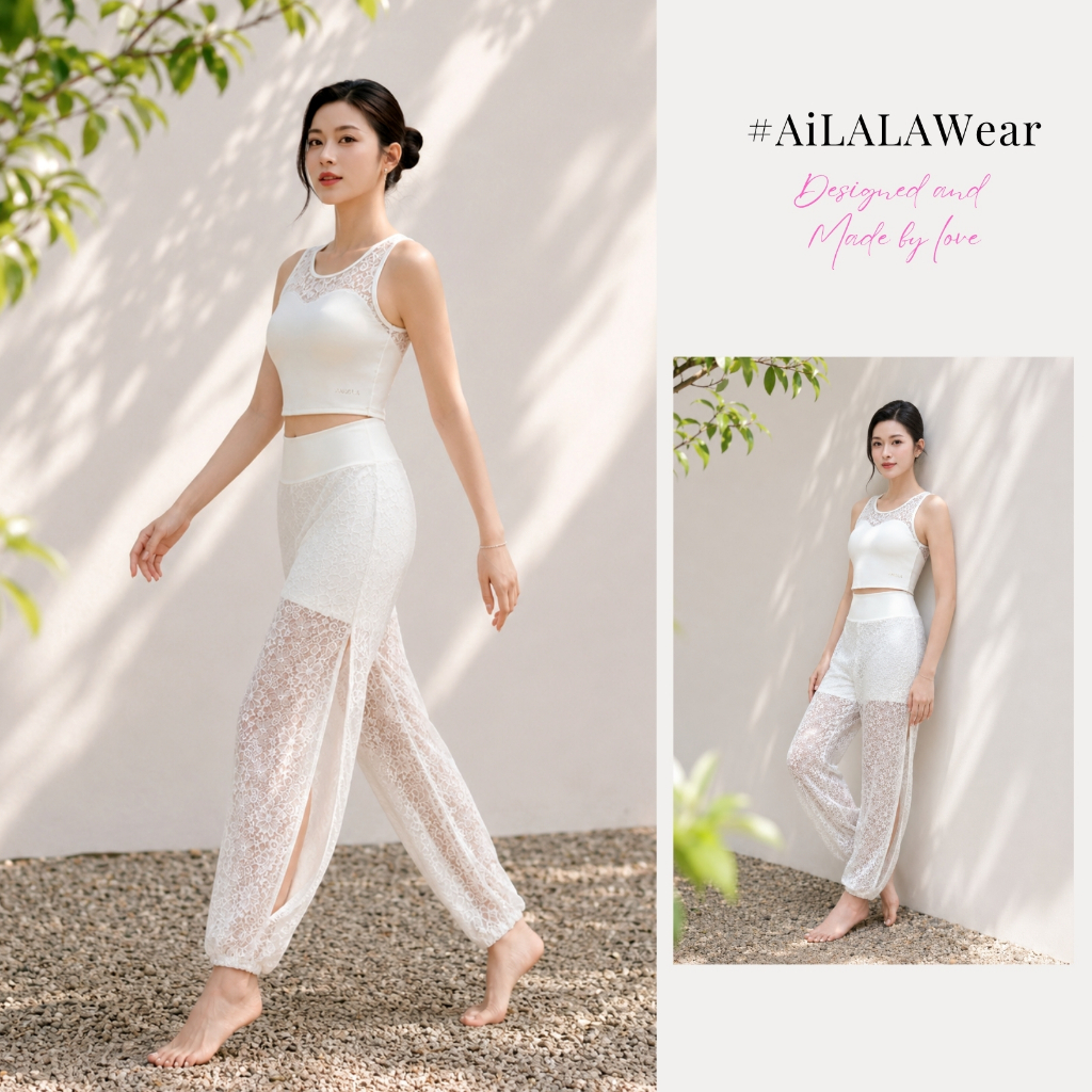 Set Yoga Gym Thể Thao AiLALA LUX02B, Quần Alibaba xẻ tà, Cạp Cao, Ren Jacquard Thượng Hạng