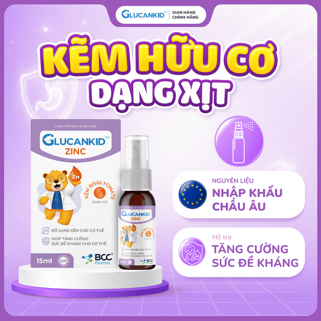 Kẽm Tăng Đề Kháng Cho Bé Glucankid ZinC Hữu Cơ Bysglycinate dạng xịt dễ hấp thu tiện lợi khi sử dụng