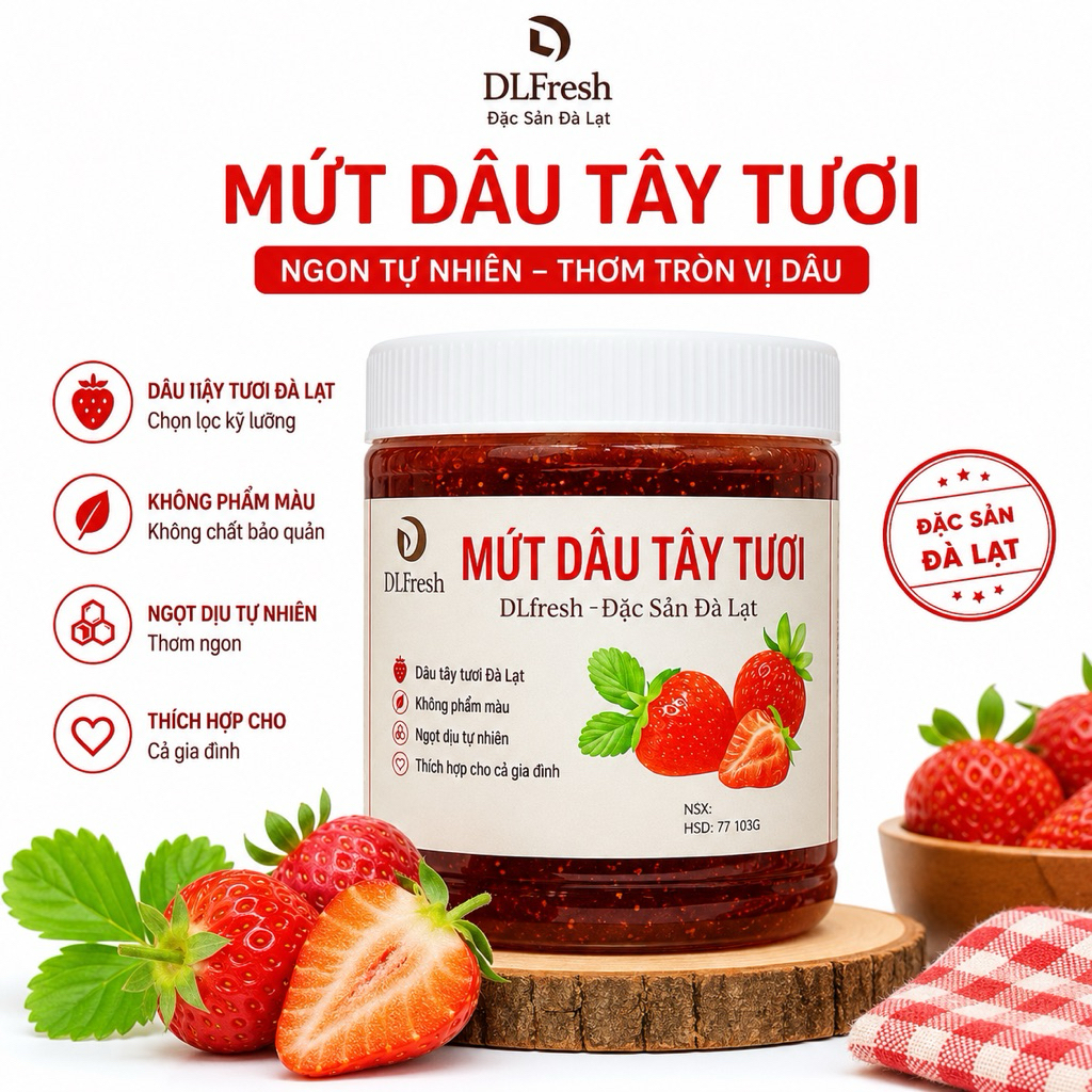 Mứt Dâu Tây DLFresh Mứt Dâu nguyên trái đặc sản Đà Lạt