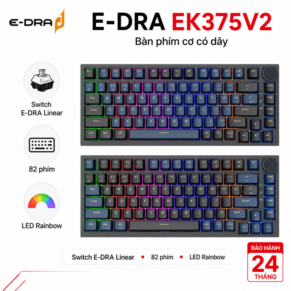 Bàn phím gaming có dây E-Dra EK375V2 – TKL 82 phím, Gasket, PBT Doubleshot, LED Rainbow – Chính hãng
