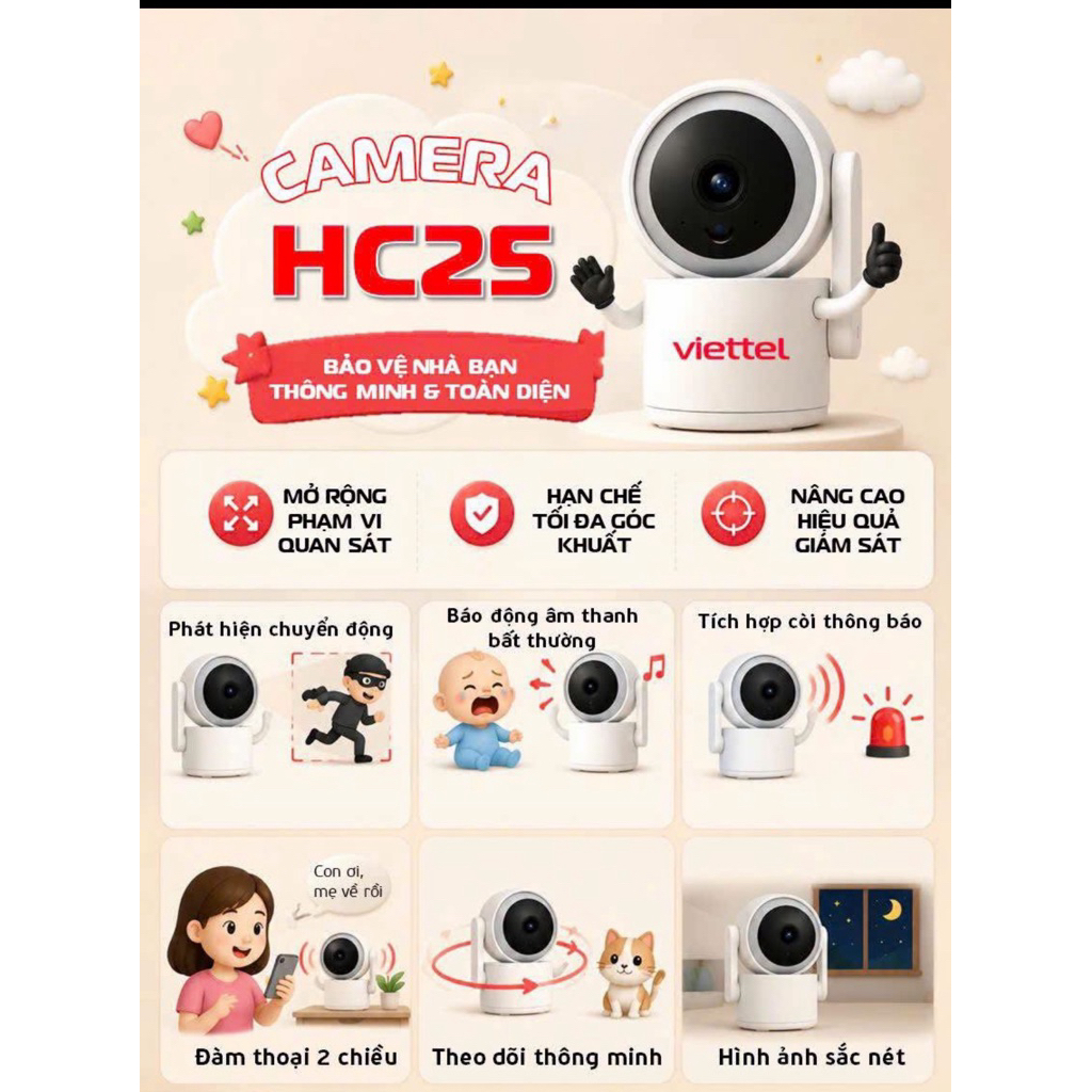 Viettel CAMERA 360 HC25 Bảo vệ nhà 24/7- tặng kèm lưu trữ icloud miễn phí lưu 1 ngày /1năm