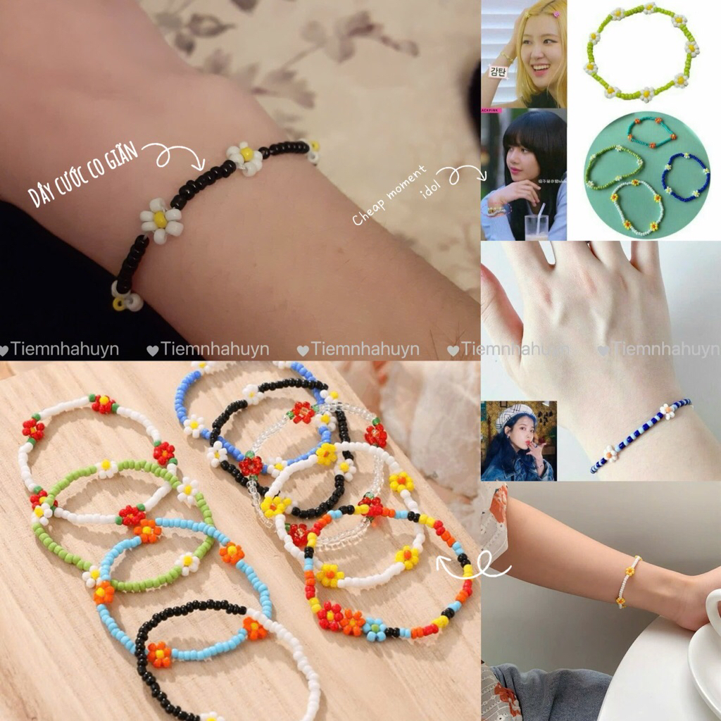 🌼Vòng tay hoa cúc, quả chery hạt cườm nhỏ xinh Handmade style HQ cheap moment idol Black Pink, IU