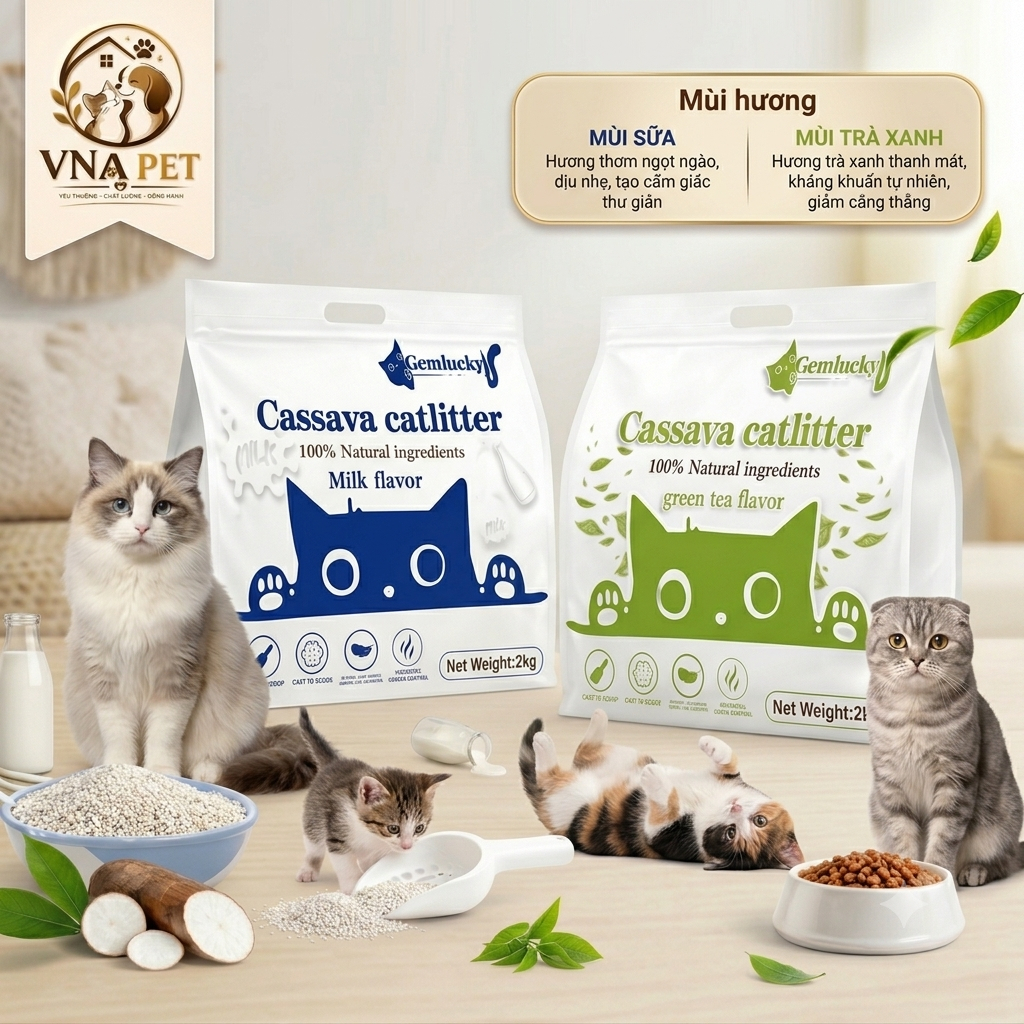 Cát Sắn Cho Mèo Gemlucky 2KG - Vón Cục Nhanh, Khử Mùi Hiệu Quả, Ít Bụi, Cát Vệ Sinh Cho Mèo