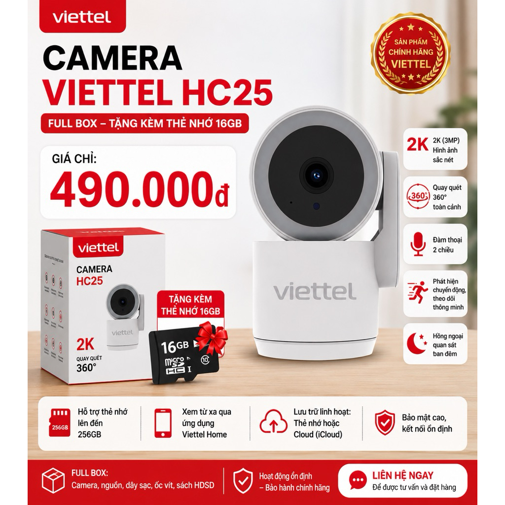 Viettel Camera HC25 Full Box Tặng Kèm Thẻ Nhớ 16GB Hình Ảnh 2K 360° Quay Lướt 2 Chiều Bảo Mật Cao