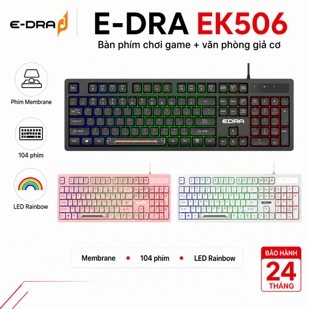 Bàn phím gaming có dây E-Dra EK506 – 104 phím, Membrane, LED Rainbow, kết nối USB – Chính hãng