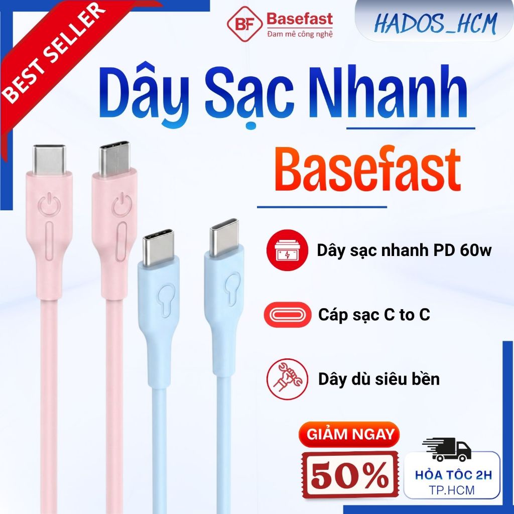 Dây sạc nhanh Type C 60W Basefast cáp bọc dù 1m 2m C to C dùng cho Phone 15 16 17 samsung xiaomi