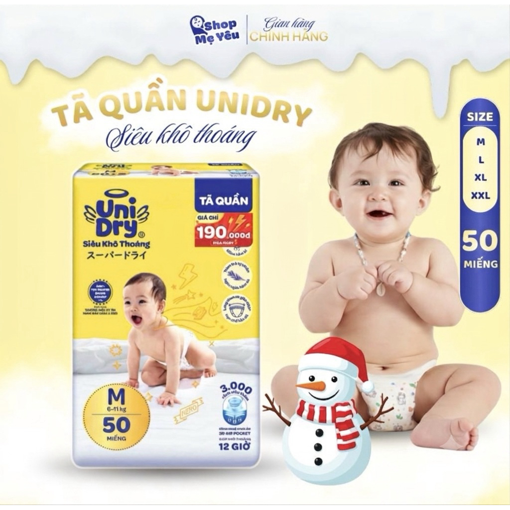 Tã quần UniDry 1 gói 50 miếng Siêu Khô Thoáng Size M52/ L50/ XL50/ XXL50)
