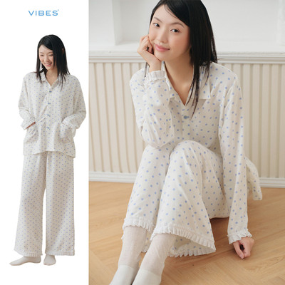 VIBES Pijama dài tay freesize phom rộng 45-65kg chất Đũi cotton chấm bi trendy FS Coco Long Sleeve Set