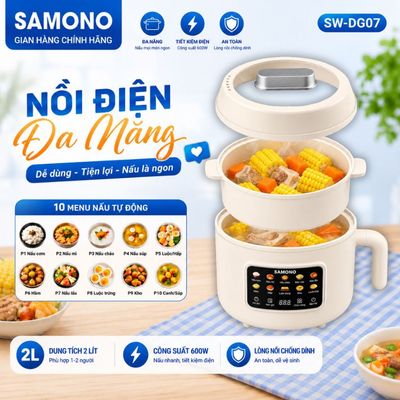 (BH 1 NĂM) Nồi Điện Nấu Cháo, Nấu Mì Nấu Lẩu Đa Năng Menu 10 Món Màu Kem Samono SW-DG07 Dung Tích 2L