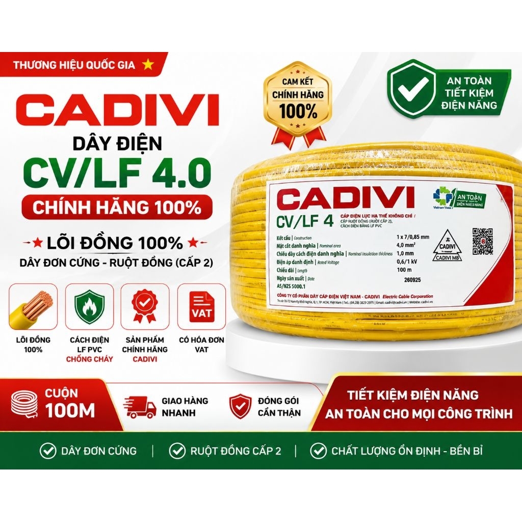 Dây Điện Cadivi CV/LF 4.0 100m Chính Hãng – Lõi Đồng 100% – Dây Đơn Cứng – Có Hóa Đơn VAT