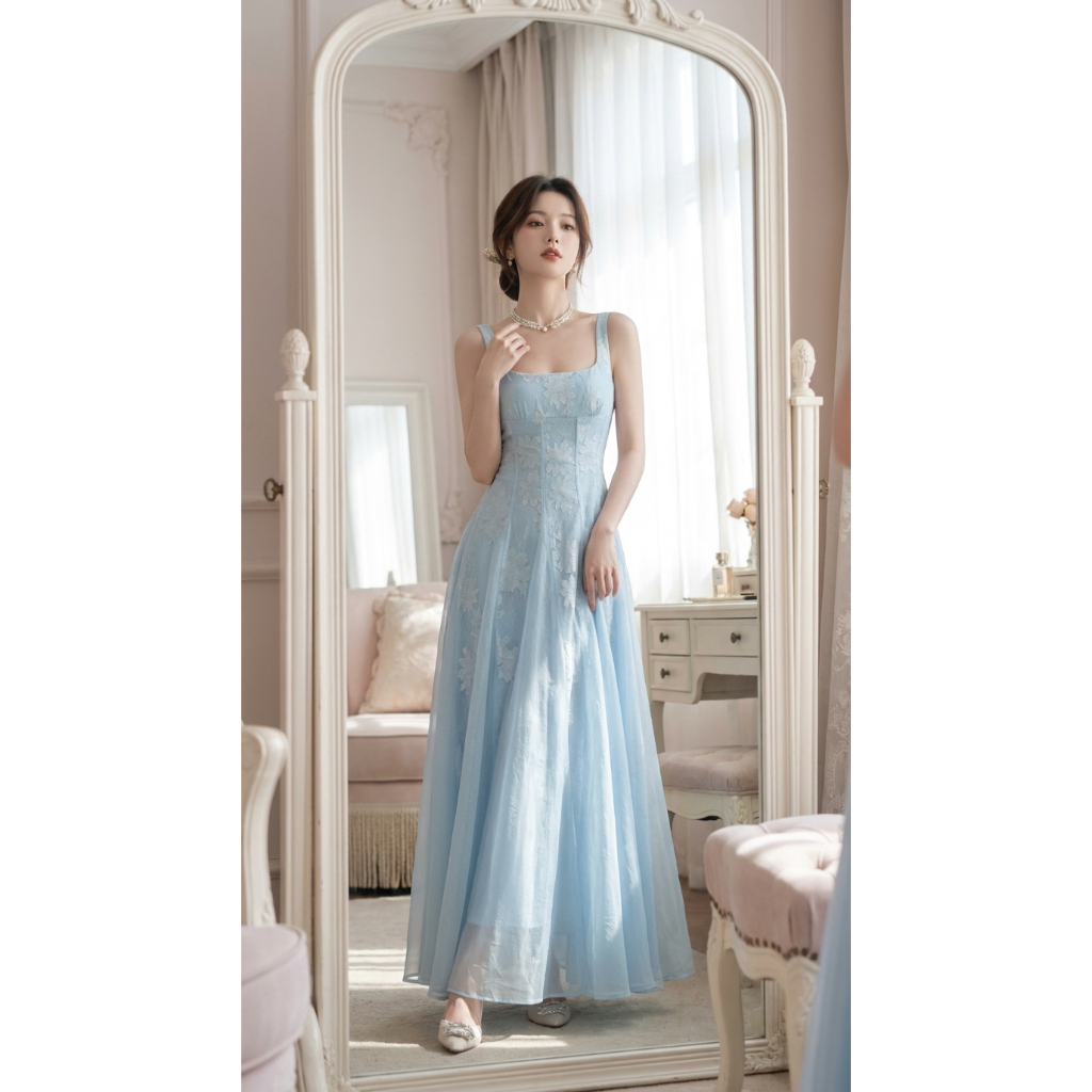 LINA BOUTIQUE' ĐẦM REN HOA 3D PHỐI TƠ CỔ VUÔNG