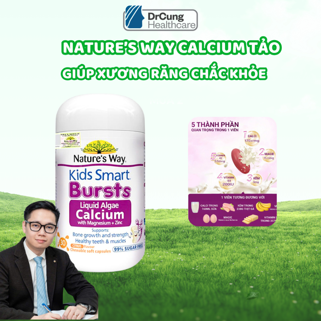 Nature's Way Kids Smart CANXI TẢO NỘI ĐỊA ÚC CHO BÉ - Bổ Sung Canxi, Magie, K2, Bé Khỏe
