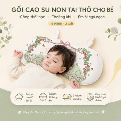 Gối cao su non hình tai thỏ cho bé 0-12m, chống bẹp đầu mềm mại thoáng khí KidsWorld KT 50*25*2.5 cm