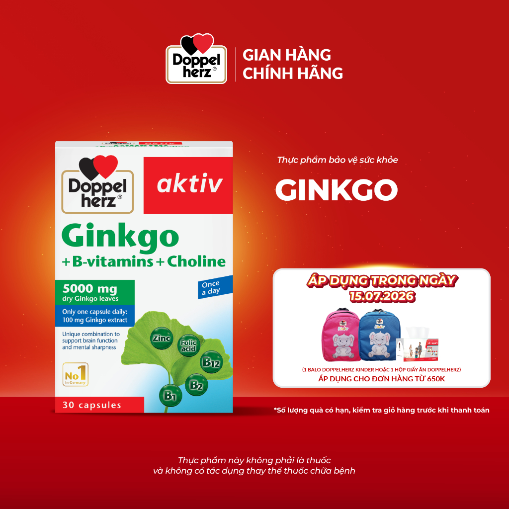 Viên uống bổ não Doppelherz Ginkgo hỗ trợ tăng cường tuần hoàn não và cải thiện trí nhớ (Hộp 30 viên)