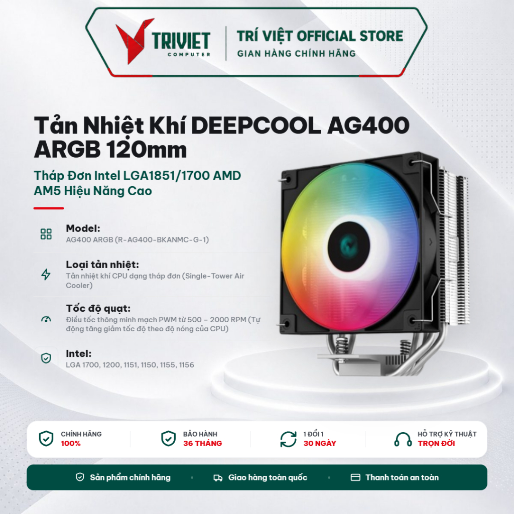 Tản Nhiệt Khí DEEPCOOL AG400 ARGB 120mm Tháp Đơn Intel LGA1851/1700 AMD AM5 Hiệu Năng Cao