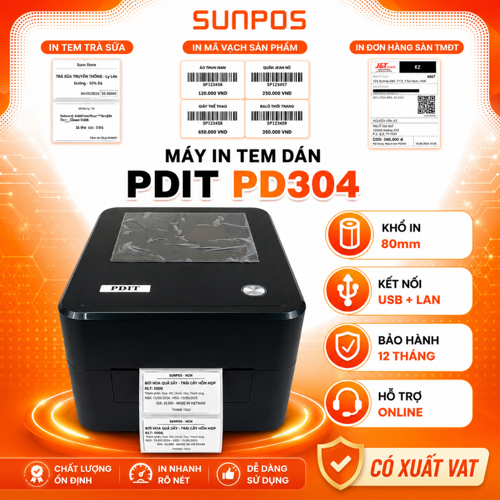 [NEW] Máy in tem, mã vạch PDIT PD304 (USB + LAN) - Máy in tem nhãn, tem giá dành cho quán cafe, siêu