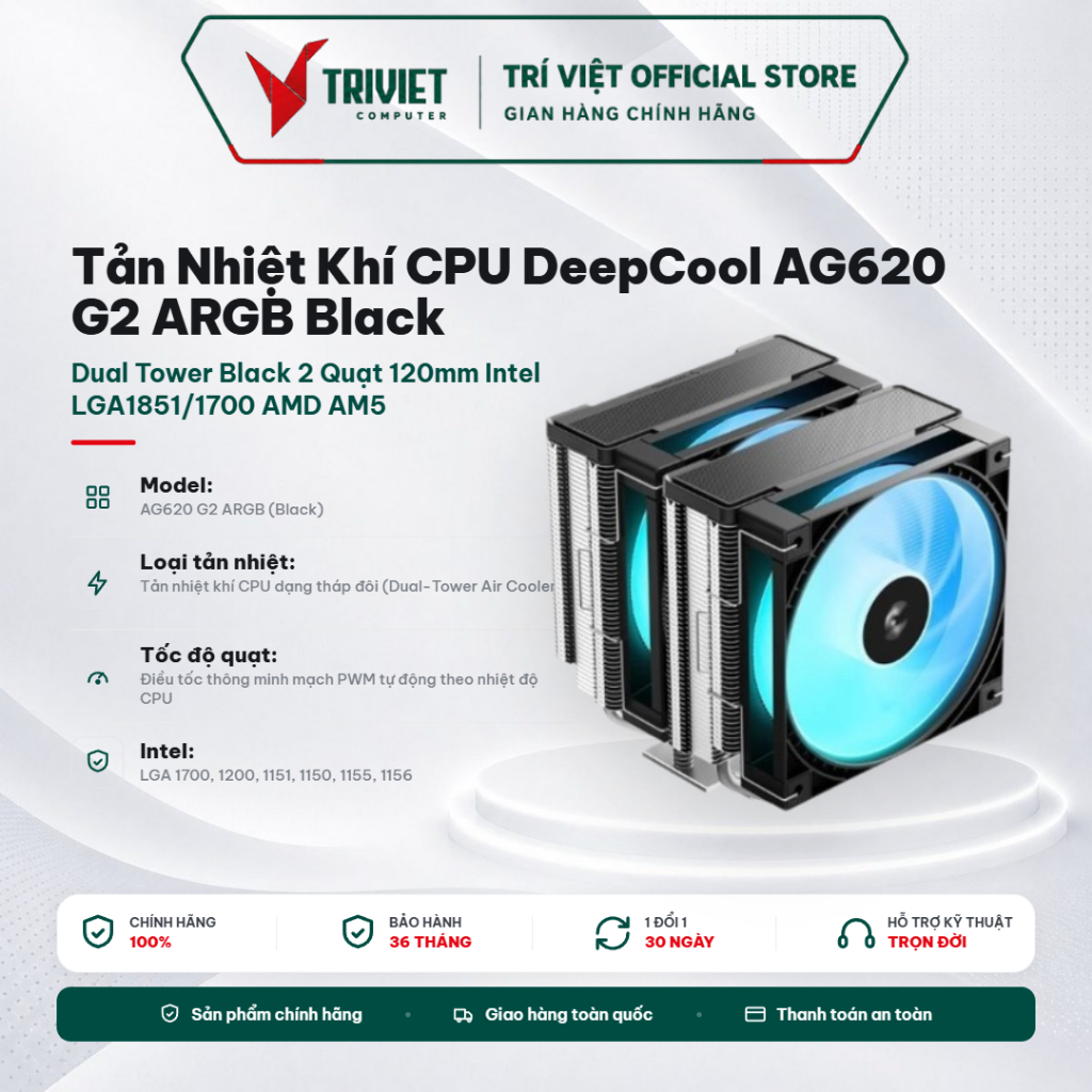 Tản Nhiệt Khí CPU DeepCool AG620 G2 ARGB Black Dual Tower Black 2 Quạt 120mm Intel LGA1851/1700 AMD 