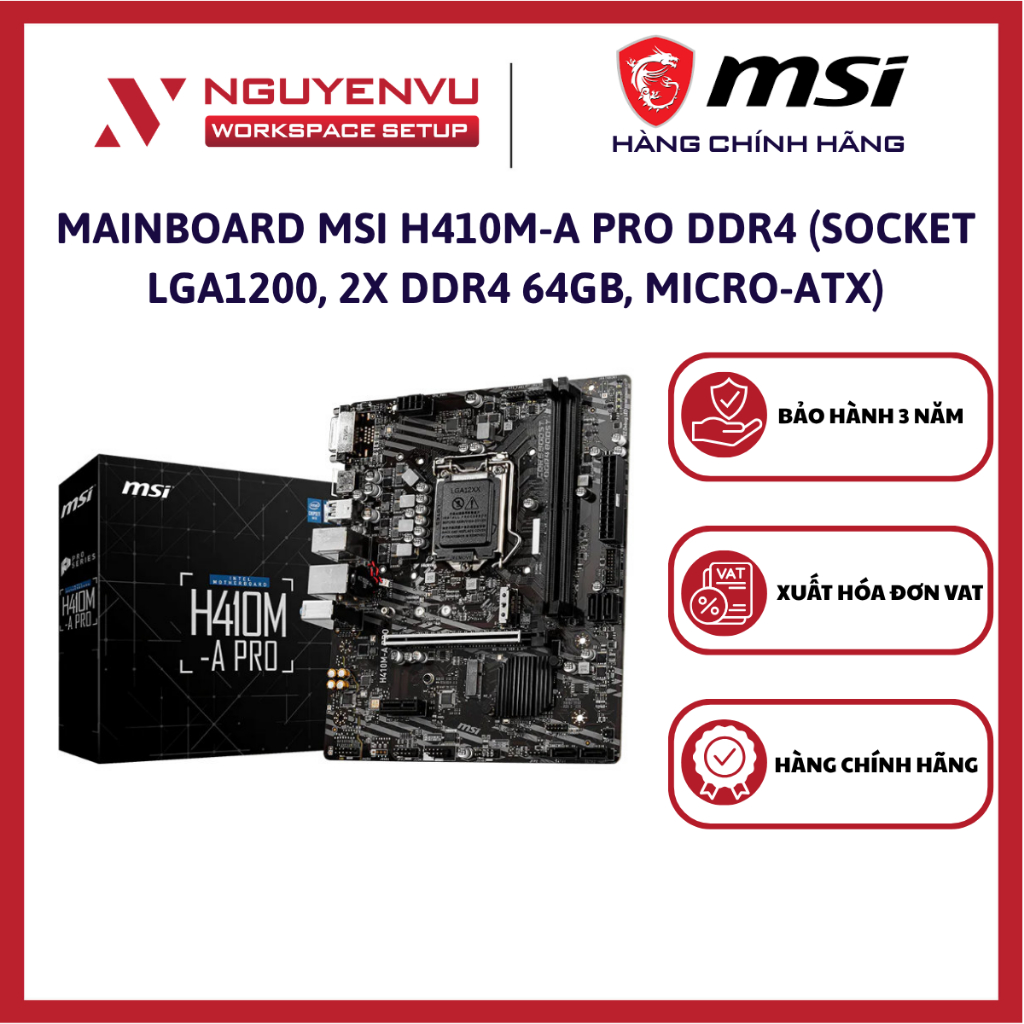 Mainboard MSI H410M-A PRO DDR4 (Chipset H410, Socket LGA1200, 2x DDR4 64GB, Micro-ATX) - Hàng Chính 