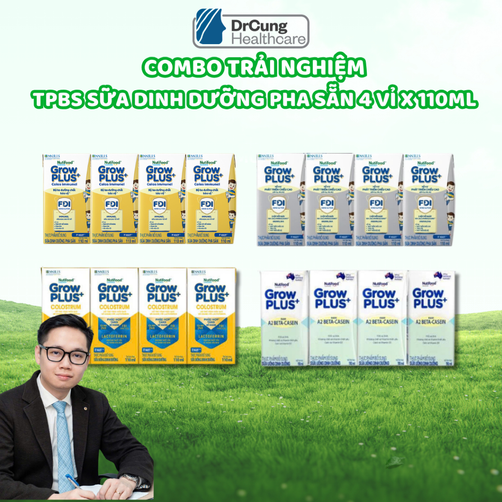 COMBO 4 VỈ x 110ML: 1 Vỉ Sữa GROW COLOS IMMUNEL Vàng + 1 Vỉ GROW Bạc + 1 Vỉ LACTOFERRIN Vàng + 1 Vỉ 