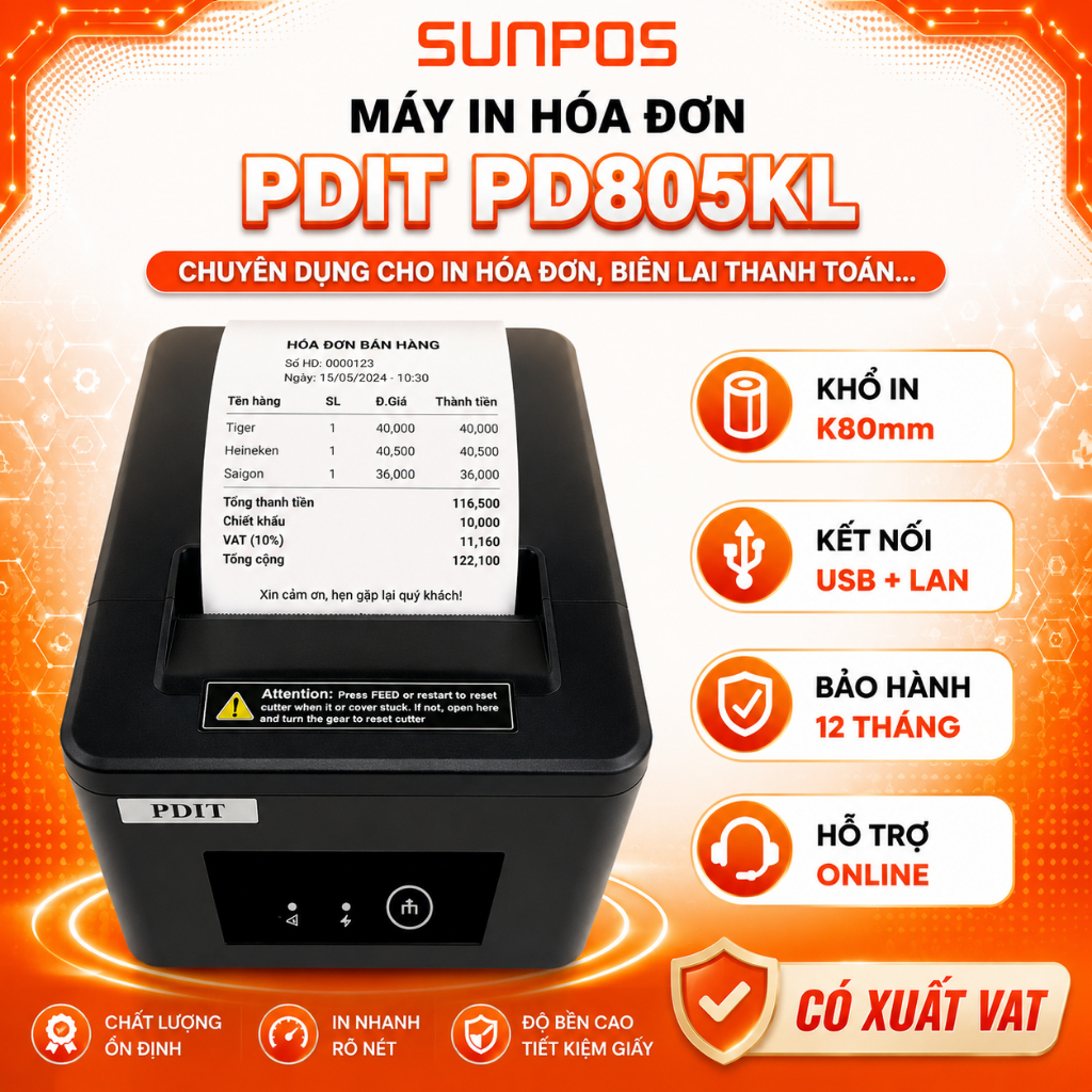 MÁY IN PDIT PD805KL (USB+LAN) . Máy in hóa đơn cho nhà hàng, cà phê, trà sữa, siêu thị,...