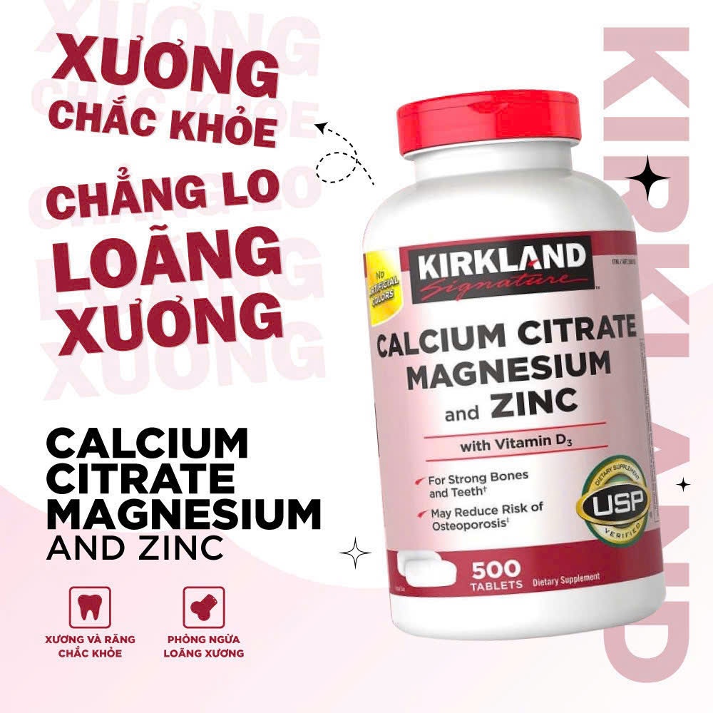 Viên Uống Bổ Sung Canxi, Magie & Kẽm Kirkland 500 Viên