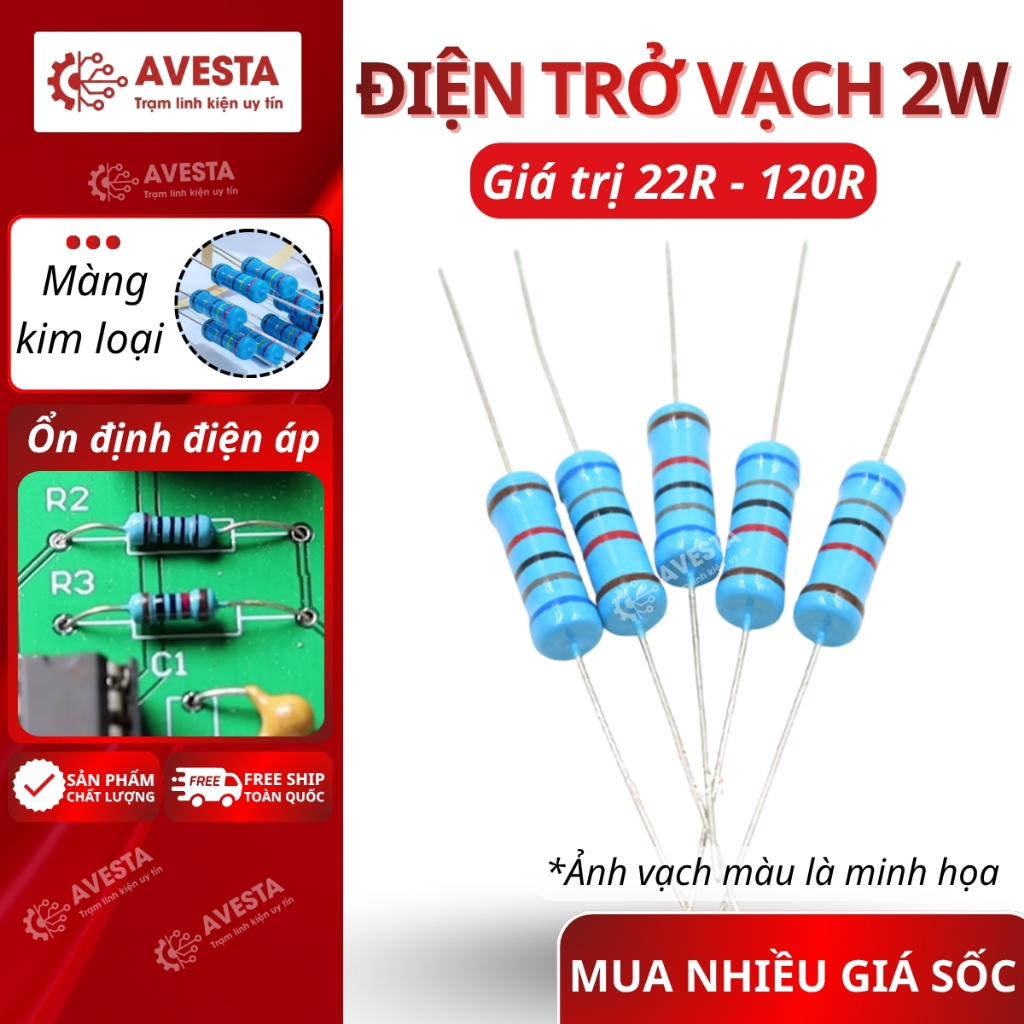 Điện trở vạch 2W 22R – 120R 1% chân đồng (túi 20 con) Avesta