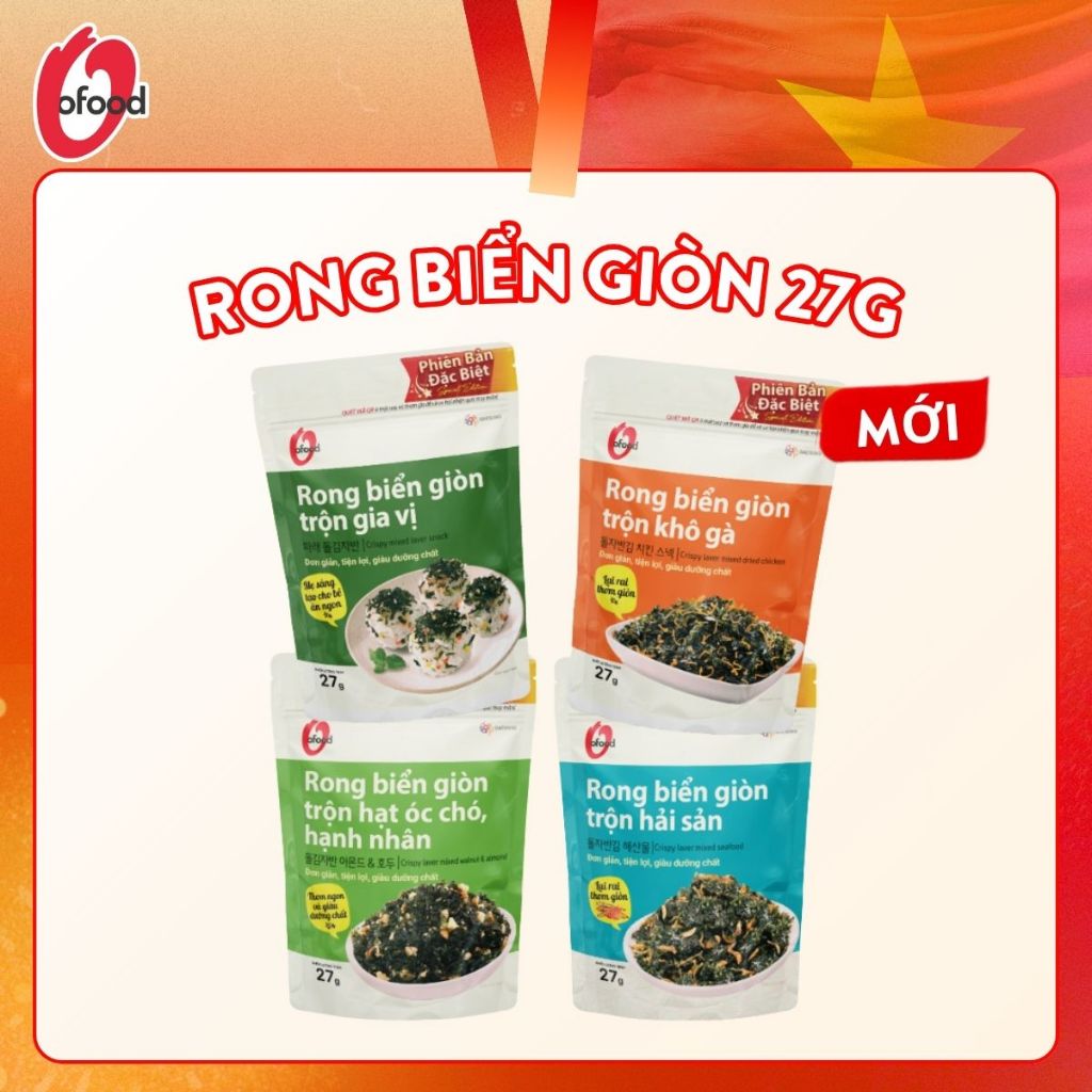 Rong biển giòn trộn gia vị, khô gà, hải sản, hạt óc chó hạnh nhân O'Food 27g, đồ ăn vặt, trộn cơm