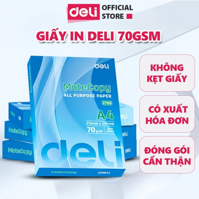 500 Tờ Giấy A4 70 gsm Deli Giấy In Photo Cao Cấp Chính Hãng - Giấy Vẽ Chống Lóa Mỏi Mắt Độ Dày Cao Không Lem Mực