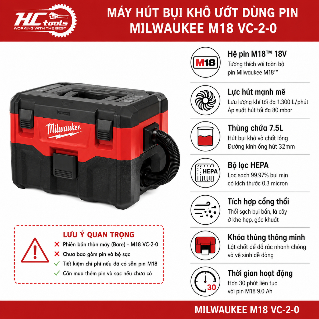 Máy Hút Bụi Khô Ướt Dùng Pin Milwaukee M18 VC-2-0 - HCTools