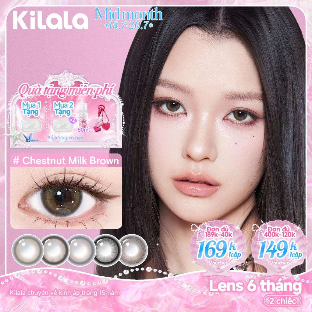 Kính áp tròng Kilala màu nâu Chestnut Milk Brown/White Peach Brownk DIA  lens cận 6 tháng có độ (Giá