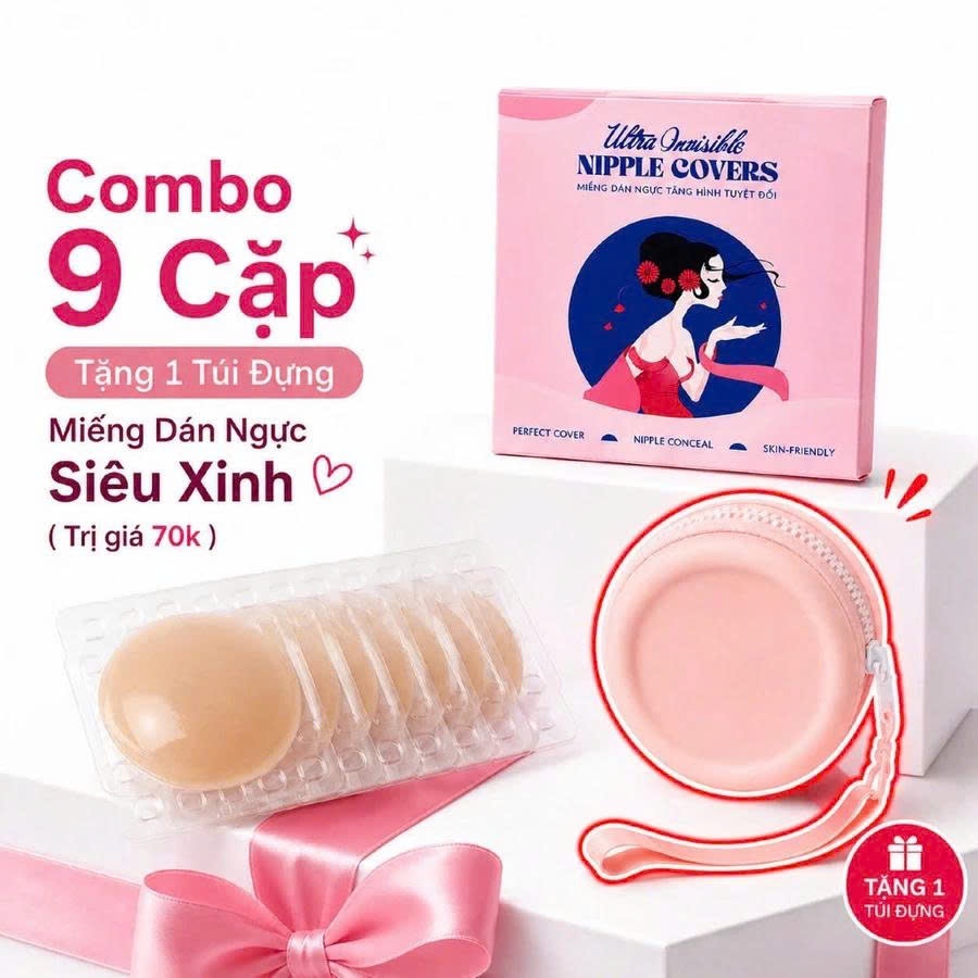 Combo 9 Cặp Miếng Dán Ngực Linara Silicone Tàng Hình, Không Lộ Viền, Tái Sử Dụng + Tặng Túi Đựng