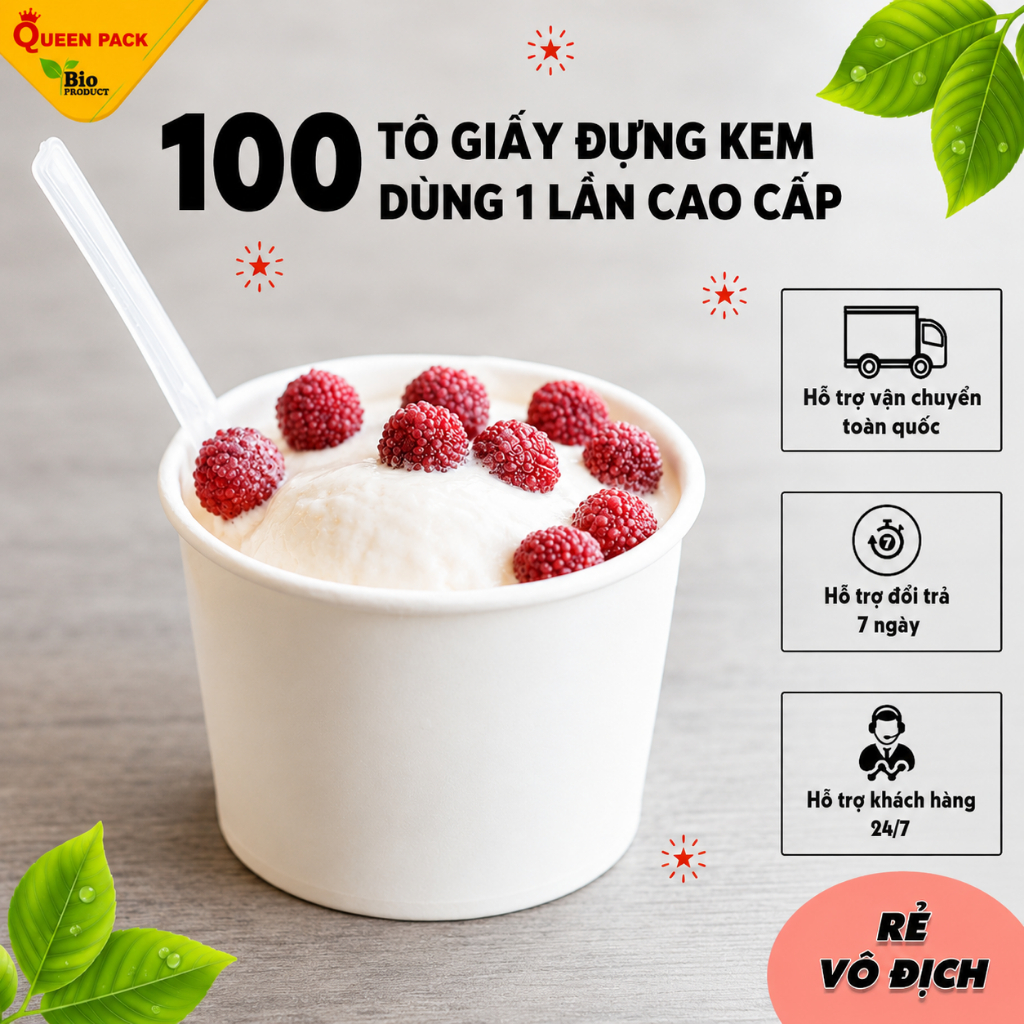SET 100 Tô Giấy Đựng Kem Queen Pack Kèm Nắp Các Loại, Giá Sỉ Dùng 1 Lần Hàng Cao Cấp