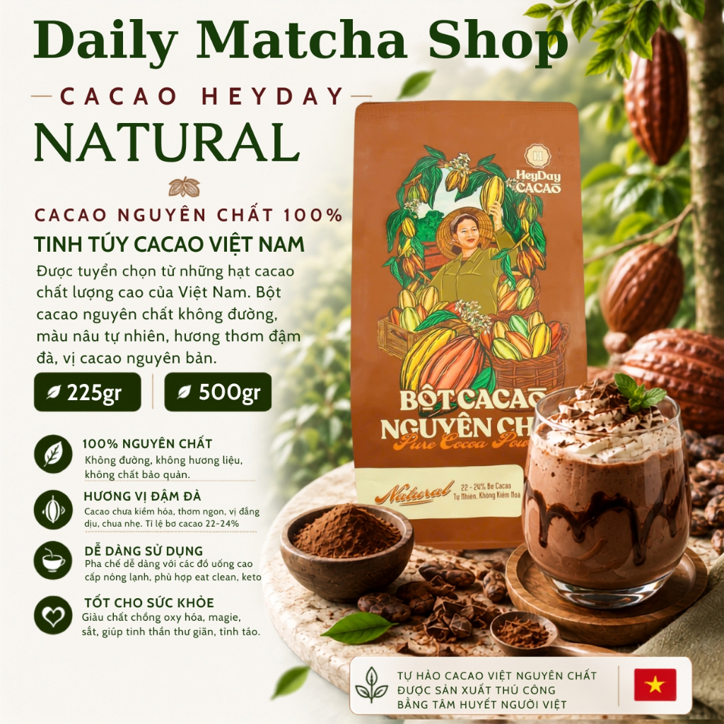 Bột Cacao Heyday nguyên chất không đường - Dòng Natural thuần tự nhiên - (Túi giấy 225g - 500g)