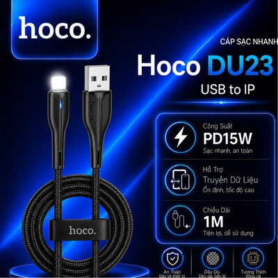 Cáp sạc đèn Led PD15W Hoco DU23 USB to IP dùng cho ip14 trở xuống vải dù bện dài 1M ( Đen )