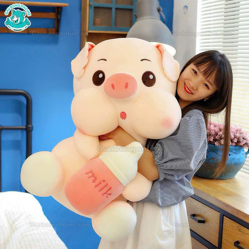 Gấu bông heo ôm bình sữa lợn bú bình - Gối ôm, Thú Nhồi bông siêu cute hàng cao cấp mền mịn - Tiệm g