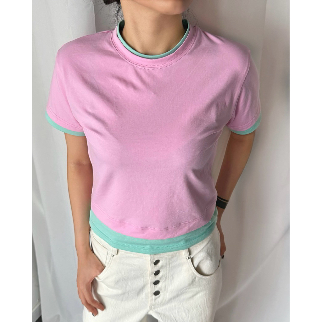 Youmakemesmile Krixnas Mix Tee - Áo thun baby tee phối layer 2 màu hồng pastel vs xanh min