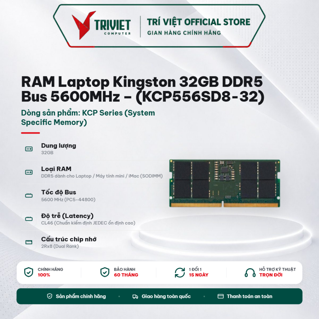 RAM Laptop Kingston 32GB DDR5 Bus 5600MHz – (KCP556SD8-32) SODIMM CL46