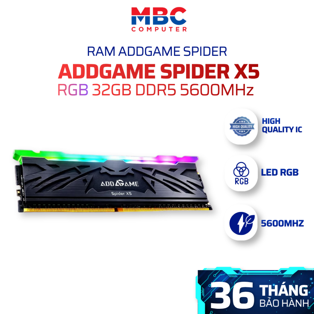 RAM AddGame Spider X5 RGB DDR5 32GB (2x16GB) Bus 5600MHz | Hỗ trợ Intel XMP 3.0 & AMD EXPO