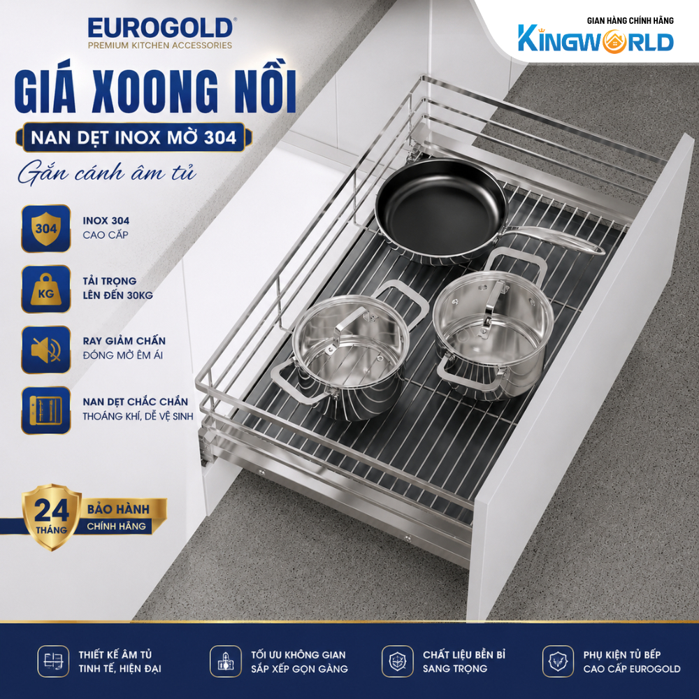Giá Xoong Nồi Eurogold Nan Dẹt Inox Mờ 304 Gắn Cánh Âm Tủ, Kệ Đựng Nồi Chảo Kéo Tủ Bếp, Phụ Kiện Tủ 