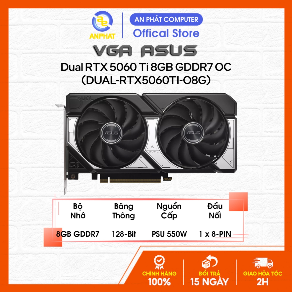 VGA ASUS Dual RTX 5060 Ti 8GB GDDR7 OC (DUAL-RTX5060TI-O8G) [Bảo Hành 36 Tháng]
