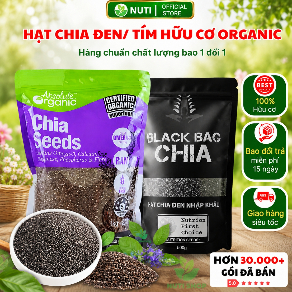 [CHẤT LƯỢNG] Hạt Chia 1KG Absolute Chuẩn Organic Sạch Đều Đẹp Ít Tạp Chất Sạch Đều Đẹp Ăn Kiêng