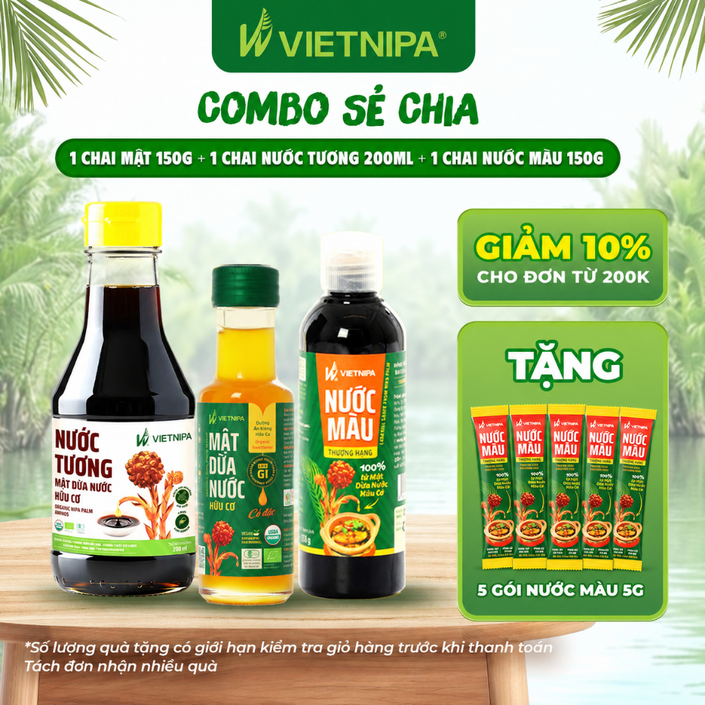 [CÓ QUÀ] Combo 1 Chai Mật Cô Đặc 150g + 1 Chai Nước Tương 200ml Ít Muối + 1 Chai Nước Màu 150g - Vie