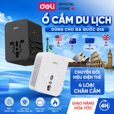 Ổ Cắm Chuyển Đổi Du Lịch Deli Sạc Nhanh 70W Ổ Căm Du Lịch 4 Loại Chân Cắm Chuyển Đổi Dòng Điện Dùng Cho Đa Quốc Gia