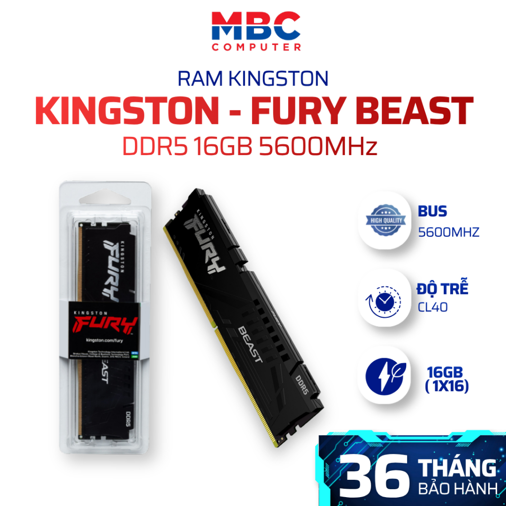 RAM Kingston FURY Beast 16GB DDR5 5600MT/s CL40 Black KF556C40BB-16 Tản Nhiệt Nhôm | BH 36 Tháng