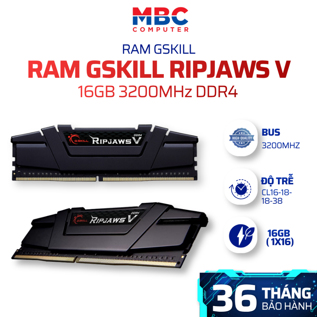 RAM GSKILL Ripjaws V 16GB DDR4 3200MHz CL16 (1x16GB) F4-3200C16S-16GVK Tản Nhiệt Nhôm | BH 36 Tháng