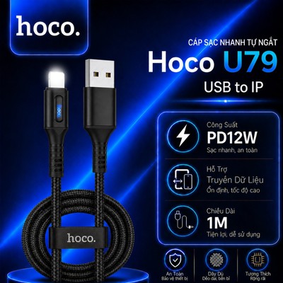 Cáp Sạc Nhanh Tự Ngắt PD12W USB to IP Hoco U79 dùng cho ip14 trở xuống, hỗ trợ truyền dữ liệu dài 1m