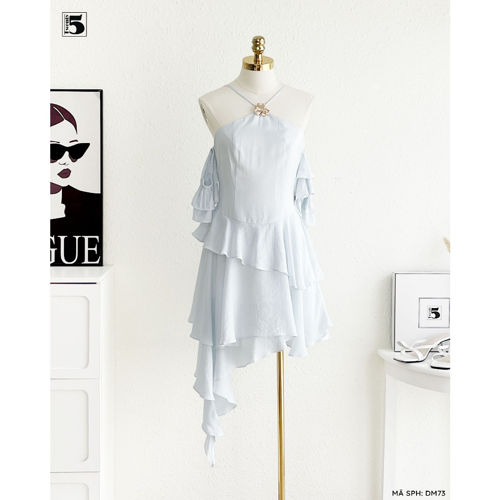 Váy cổ yếm trễ vai xếp tầng điệu đà, vạt chéo, phong cách tiểu thư sang chảnh - Twentyfive Design DM