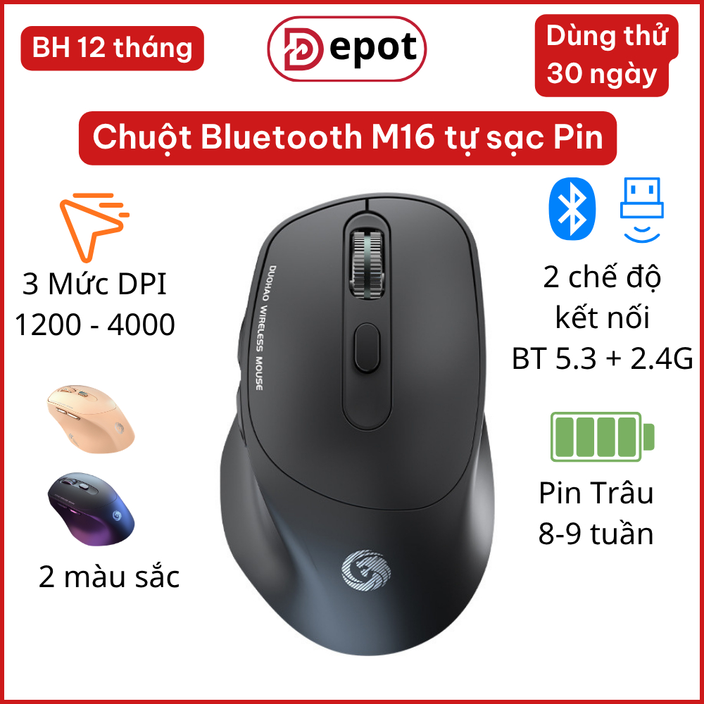 Chuột Không Dây Bluetooth M16 Tự Sạc Pin Kết Nối 2 Chế Độ Cho Mọi Thiết Bị…
